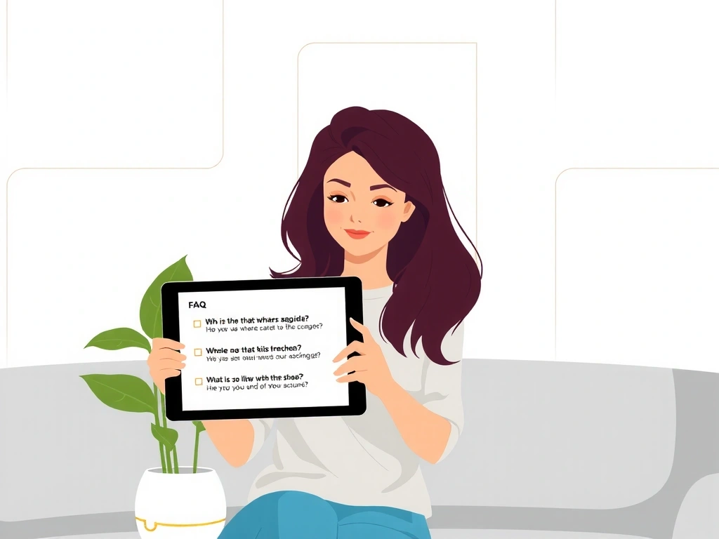 Mujer leyendo preguntas frecuentes en una tablet, con un diseño moderno e ilustrativo.